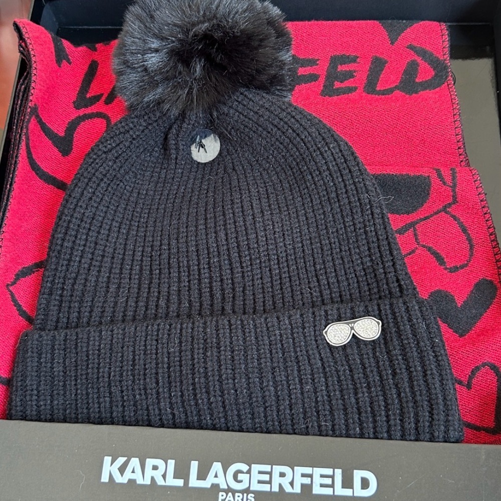 KARL LAGERFIELD - black pompon hat and red scarf NIB